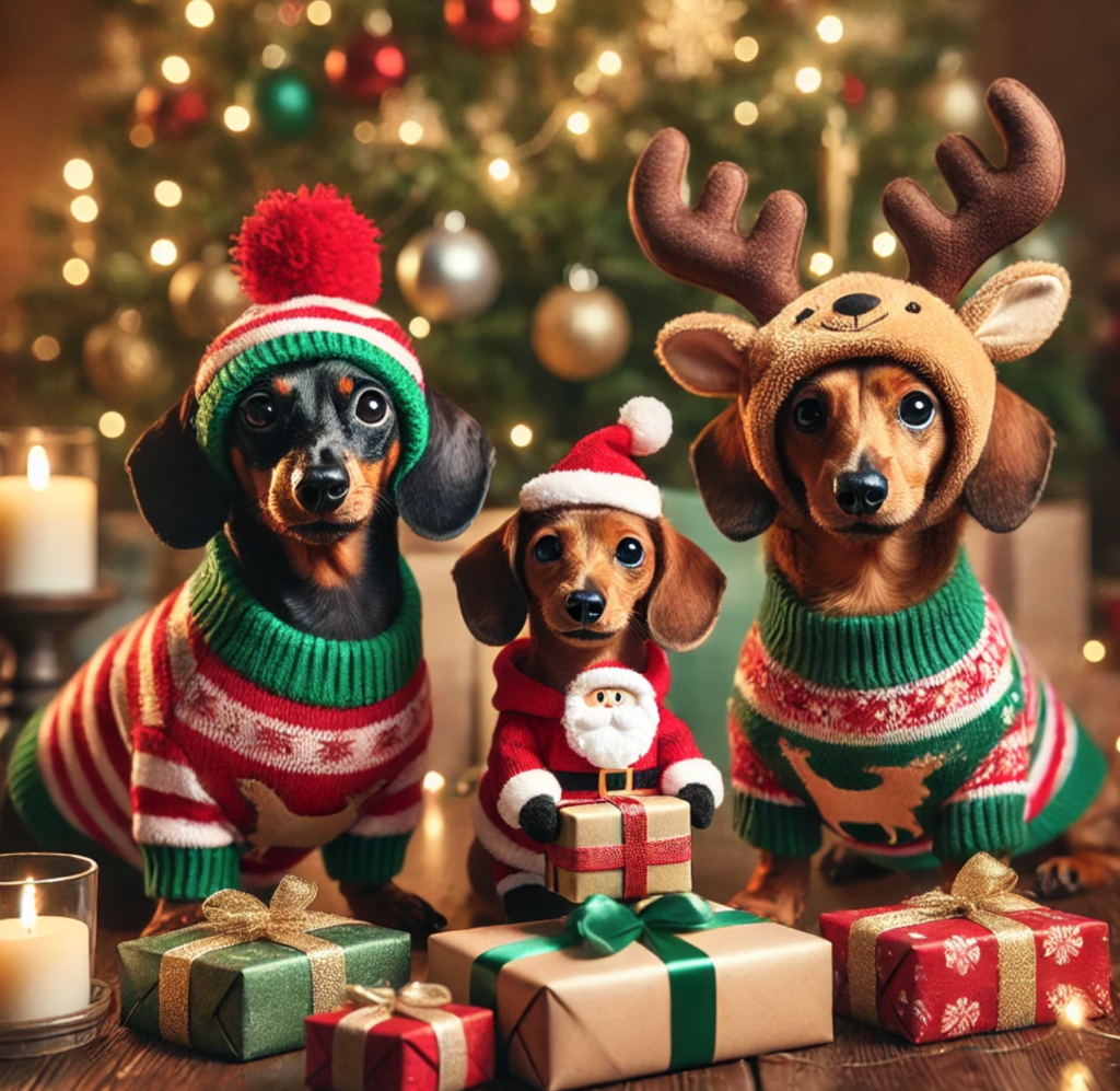 Three Dachshund dogs in christmas sweaters and hats showcasing what aa Dachshund Christmas is all about.